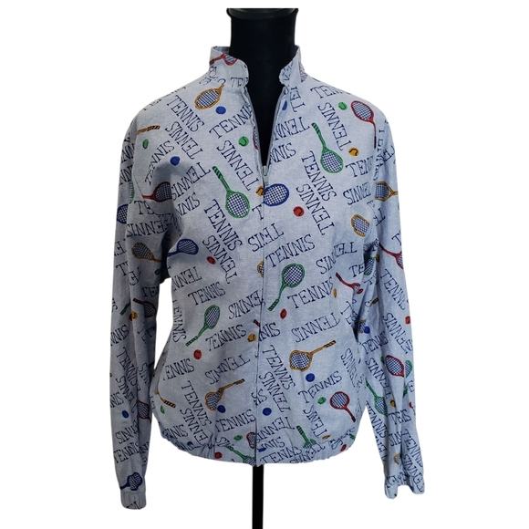Bow Worth Women's Tennis Print Full Zip Jacket Size Small Blue Preppy - Picture 1 of 10
